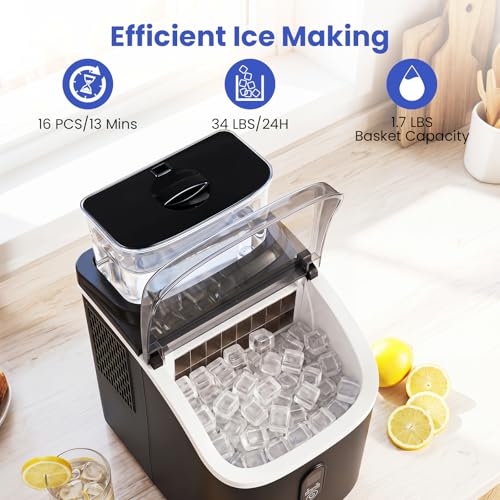 COSTWAY Countertop Ice Cube Maker with External Water Tank, 16Pcs Ready in 6 Mins, 34Lbs/24H Portable Ice Machine with 13 Thickness Levels, Self-Cleaning, 24H Reservation for Home Office Bar, Black