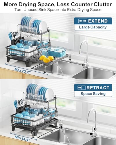 GSlife Large 2 Tier Dish Drying Rack - Expandable Over Sink & Counter Use