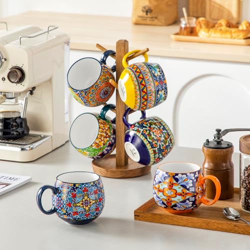 vancasso Coffee Mugs Set of 6, Coffee Cups Ceramic 18oz, Porcelain Coffee Mugs for Cappuccino, Latte, Espresso, Colorful Coffee Mugs with Handle, Rounded Boho Mugs, Microwave & Dishwasher Safe