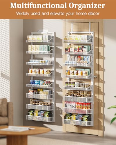 POKIPO Over the Door Pantry Organizer 8-Tier, Large Metal Door Spice Rack with Adjustable Basket, 2 in 1 Wall Mount or Hanging Heavy-Duty Pantry Door Storage Shelf for Kitchen and Bathroom, White