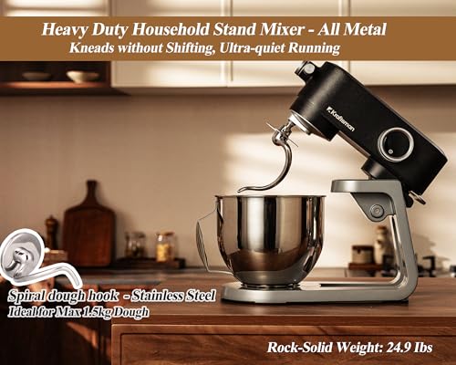 Kraftsman All Metal Stand Mixer DC Motor - Heavy Duty Dough Mixer 5.3 Quart with 4 Stainless Steel Attachments, Quiet Operation with Timer, Verstile Standing Mixer with Power Hub, 8-Speed (Black)