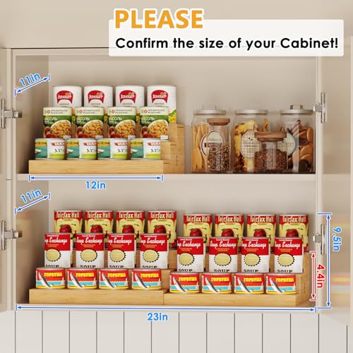 2-Pack Expandable Bamboo Can Rack Organizer for Pantry Display, 3-Tier Adjustable Can Storage Holder, Soda & Canned Food Organizer for Cabinets & Countertops, Holds Up to 48 Cans (Patent Pending)