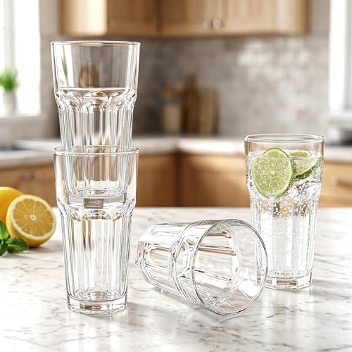 Mapoxy 16 oz Highball Glasses 6 Pack, Thick Lead-Free Glass Tumblers with Heavy Base, Clear Drinking Glasses for Water, Juice, Beer, Cocktails, Dishwasher Safe Bar Glassware, Ideal Gifts