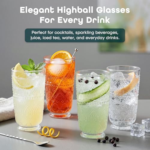 MosJos Set of 4 Vintage Beaded Highball Glasses, Clear Drinking Glasses 16 Ounce Elegant Drinking Glassware with Embossed Textured Decor Pattern Premium Sturdy Glass Cups