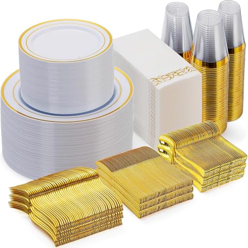 Goodluck 700 Pieces Gold Dinnerware Set for 100 Guests, Disposable for Party, Include: 100 Gold Rim Dinner Plates, 100 Dessert Plates, 100 Paper Napkins, 100 Cups, 100 Plastic Silverware Set