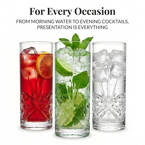Godinger Tall Beverage Glasses Collins All Purpose Drinking Glasses- Dublin Collection, SET OF 4