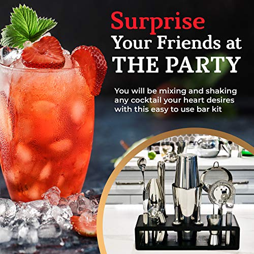 Highball & Chaser 13-Piece Boston Cocktail Shaker Set Stainless Steel Mixology Bartender Kit With Stand For Home Bar Cocktail Set | Laser Engraved Cocktail Tools | Plus E-Book with 30 Cocktail Recipes