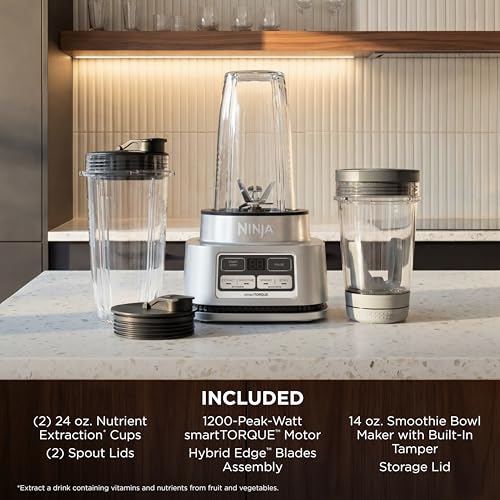 Ninja Foodi Personal Blender | Smoothie Bowl Maker with Storage Lid, Nutrient Extractor and Mixer | 1200-Peak-Watt smartTORQUE Motor | Hybrid Edge Blades, (2) 24-oz. Cups | Silver | SS101