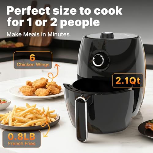 Compact Air Fryer Small, 2.1QT, 4-in-1 Small Mini Airfryer Compact, Bake, Roast, Reheat, 98% Less Oil, Adjustable Temperature & Timer, Quiet, Nonstick & Dishwasher Safe Basket, BPA-Free, Black