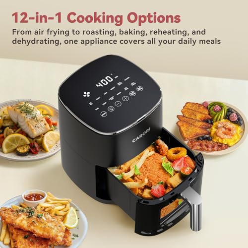 CARORI 6 Qt Air Fryer with Viewing Window, 12 Presets and DIY Mode, 1700W, 400°F Max, Large Nonstick Dishwasher-Safe Basket, Bake, Roast, Reheat, Dehydrate, Black