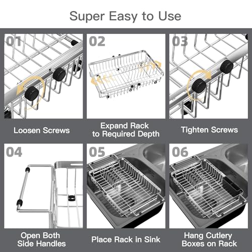 MAJALiS Dish Drying Rack Over The Sink, Expandable Stainless Steel Dish Drainer for Small Kitchen Counter Space Saving, RV Compact Plate Strainer In Silver Metal with Hanging Adjustable Utensil Holder