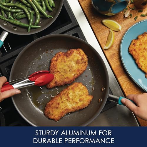 Rachael Ray 87643 Cucina Hard Anodized Nonstick Frying Pan Set / Fry Pan Set / Hard Anodized Skillet Set - 9.25 Inch and 11.5 Inch, Gray with Blue Handles