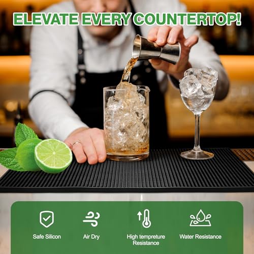 Bartending Supplies - 18" x 12" Bar Mat Garnish Tray with Lid Bar Caddy 3 Tier Bar Glass Rimmer, 2 Plastic Juice Pour Bottles 3 Mini Tongs 12 Classic Liquor Bottle Pourers 500 Cocktail Straws(Black)