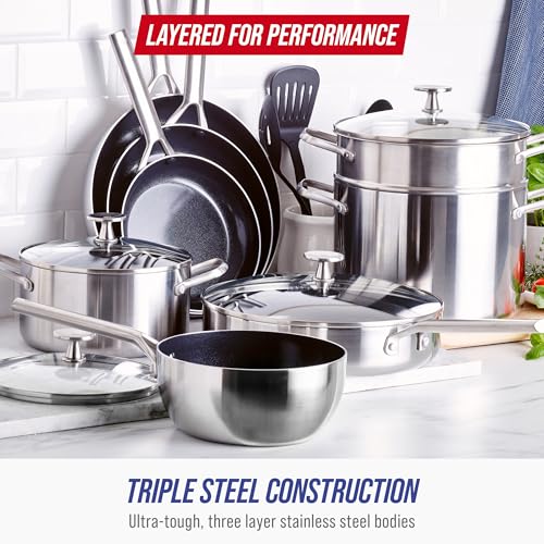 Blue Diamond 15 Piece Stainless Steel Tri-Ply Cookware Pots and Pans Set, Induction Compatible, Diamond Infused PFAS-Free Ceramic Nonstick, Dishwasher & Metal Utensil Safe, Scratch Resistant, Silver