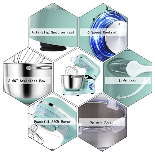 Aucma Stand Mixer,6.5-QT 660W 6-Speed Tilt-Head Food Mixer, Kitchen Electric Mixer with Dough Hook, Wire Whip & Beater (Blue, 6.5QT)