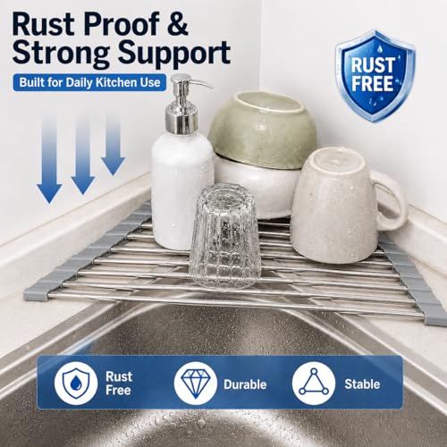 ERIUZB Triangle Roll Up Dish Drying Rack Over Sink, Silicone Wrapped Anti Slip Sink Organizer, Rust Proof Corner Dish Rack, Foldable Heat Resistant Kitchen Sink Organizer for Small Kitchens
