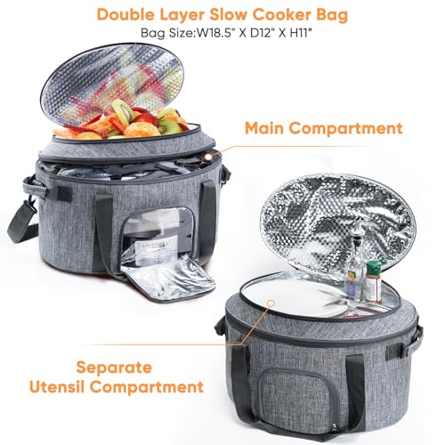 Double-Layer Slow Cooker Carrying Bag for 6-8 Quart CrockPot and Hamlton Beach Slowcooker, Travel Bag with Lid Fastener for Crock-pot, Portable Carrier with See-throught Window(BAG ONLY)