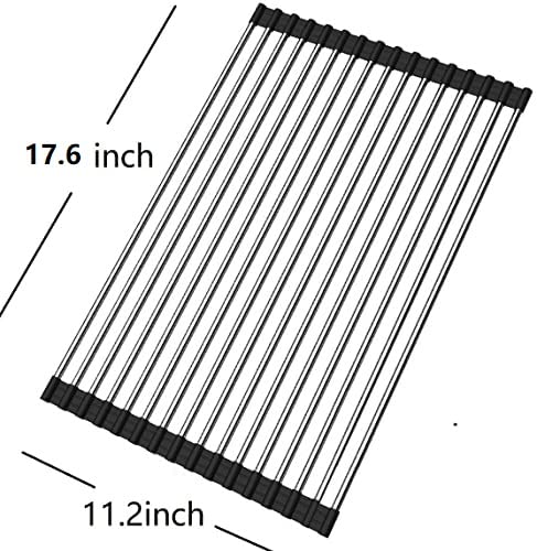 SHUYUE Roll up Dish Drying Rack Over The Sink Portable Stainless Still Rolling Rack Folding Mat for Kitchen Counter (Black, 17.7''LX11.8''W)