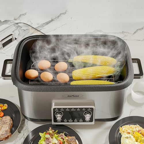 Sunvivi 8 Quart Slow Cooker Roaster Oven, 12 in 1 Programmable Multi-Cooker with Digital Timer, Temp Control, Keep Warm, Removable Non-stick Aluminum Pot & Dishwasher-Safe Glass Lid, Stainless Steel