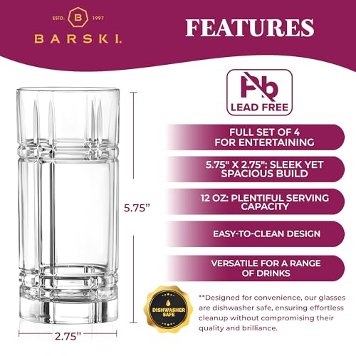 Barski Highball Glass - Drinking Glasses - Set of 4 - Hiball Tumblers - Glass Crystal Tumbler - for Water, Juice, Beer, Mixed Cocktails, Mojito Glass, Tom Collins Bar Glassware, 12 oz, Made in Europe