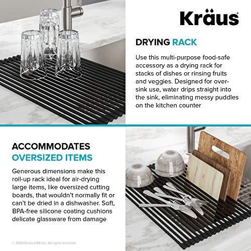 Kraus Multipurpose Over-Sink Roll-Up Dish Drying Rack, Colander and Trivet in Dark Grey, KRM-10DG
