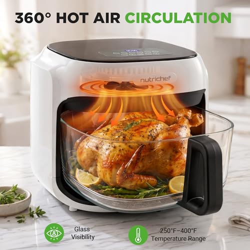 NutriChef Family Size 7.5 Quart Air Fryer | 6 Preset Cooking Modes | Glass Fry Bowl for Best Cooking | 360° Air Circulation | Cook Veggies, Steak, Fries, Seafood, Chicken & More | White