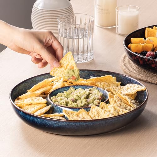 ArtifexCeram Ceramic Chips and Dip Serving Tray - Large Divided Party Bowl Set for Salsa, Veggies, Fruit & Snacks - Modern Minimalist Appetizer Platter with Unique Kiln-Change Glaze (Red Speckled)
