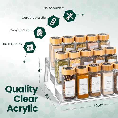 Oizeir Clear Spice Rack (2-Pack) - 3-Tier Acrylic Organizer for Cabinet - Deep Spice Shelf - 10.4 x 9.6 x 4 Inches - Holds Seasoning and Condiments