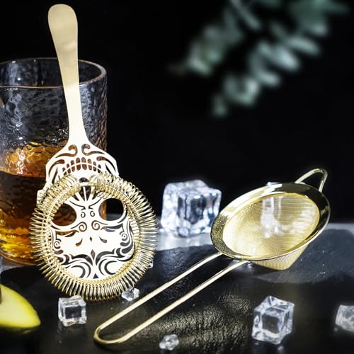Cocktail Strainer Set Stainless Steel Bar Strainer,Hawthorne Strainer and Fine Mesh Strainer,Gold Drink Strainer Set for Bar Home Kitchen