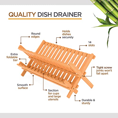 Collapsible Dish Drying Rack 2-Tier Bamboo Dish Drainer for Kitchen Counter