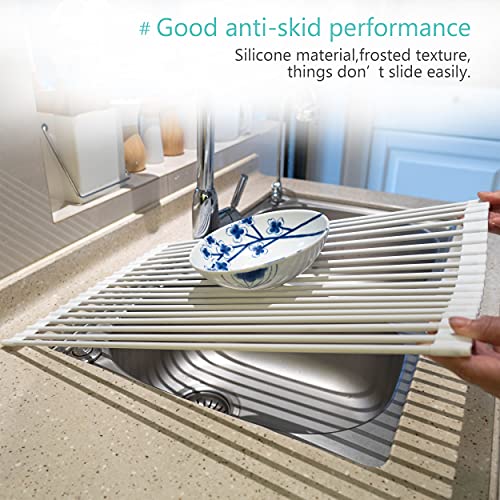 Bigdata&BetterLife Multi Purpose Roll Up Dish Drying Rack White Dish Drying Mat with Rack for Kitchen,Heavy Duty Foldable Silicone-Coated Stainless Steel Sink Dry Rack (White,20.5" x 13.1")