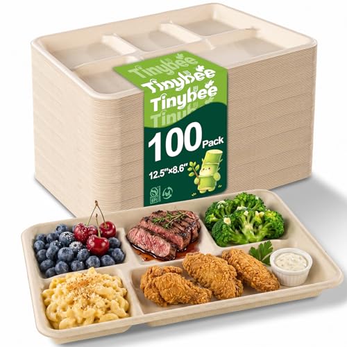 Tinybee 100% Compostable 5 Compartment Paper Plates 12.5 * 8.6 Inch [100-Pack] Heavy Duty Divided Disposable Eco-Friendly Bagasse Plates Lunch Trays for Buffet/Party/School (BPI-Certified) Nautral