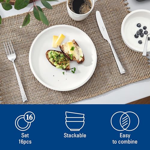 Villeroy & Boch Artesano Original 16-Piece Dinnerware Set, Service for 4, Dinner and Salad Plates, Pasta and Rice Bowls, Premium Porcelain, Made in Germany, Microwave and Dishwasher Safe, Creamy White