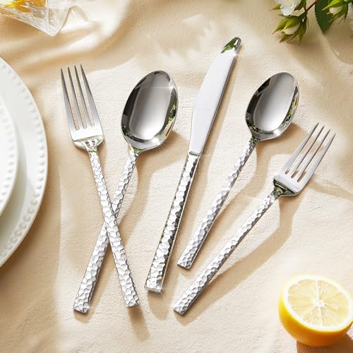 KINGSTONE 40 Piece Hammered Silverware Set, 18/10 Stainless Steel Flatware Set for 8, Cutlery Set for Home, Party, Wedding, Mirror Polished Dishwasher Safe