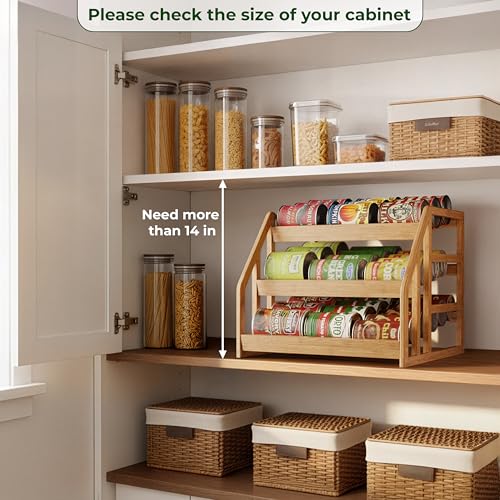 HOMESTEAD Bamboo Can Organizer for Pantry - 3 Tier Rack with Adjustable Dividers, Gravity Feed Canned Goods Organizer, 36 Cans Soda Storage