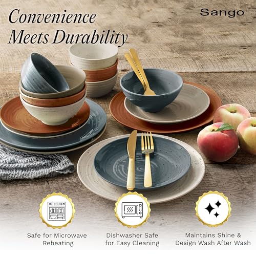 Sango Siterra Painter's Palette 16-Piece Stoneware Dinnerware Set - Service for 4, Ceramic Plates and Bowls Sets, Chip Resistant, Rustic Dishware, Microwave & Dishwasher Safe Kitchen Dishes