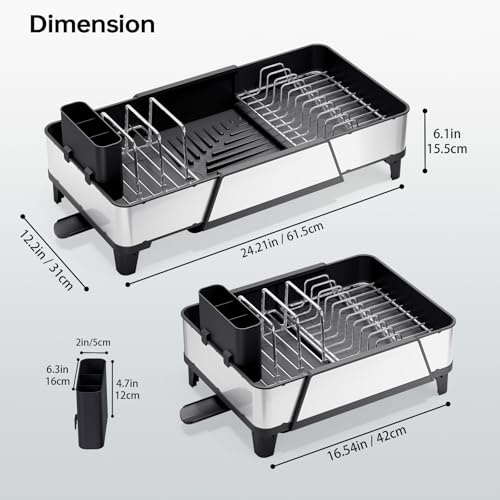 Urackify Large Dish Drying Rack - Triple Expandable Dish Rack for Kitchen Counter, Stainless Steel Sink Organization and Storage Essentials with Utensil & Pans Holder for Home and Appartment, Black