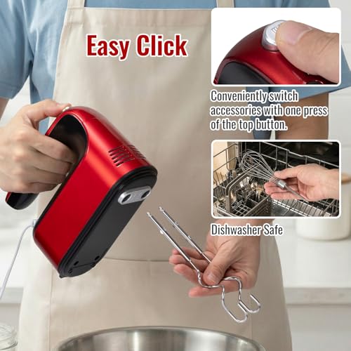 CBQ Hand Mixer Electric, 9 Speed 400W Handheld Mixer with Digital, Touch Button, Turbo, Snop-On Storage Case, 5 Stainless Steel Accessories, Hand Mixer Electric Handheld for Cake, Cookie, Egg (Red)