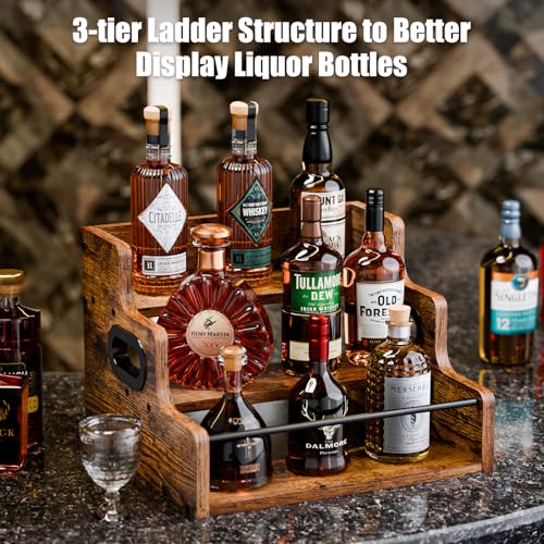 KLM Liquor Bottle Display Shelf, Coffee Syrup Rack Organizer, 3 Step Countertop Liquor Wine Rack, mini bar,liquor cabinet, Home Retro Bar Shelf Stand for Liquor Whiskey, Spirits