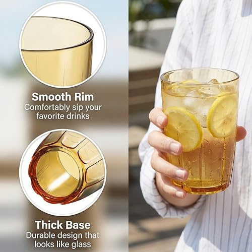 ZEAYEA Set of 6 Acrylic Drinking Cups, 14 oz Unbreakable Water Tumbler, Reusable Plastic Drinking Glasses, Stackable Beverage Tumbler for Juice, Lemonade, Ice Coffee, BPA-free, Dishwasher Safe