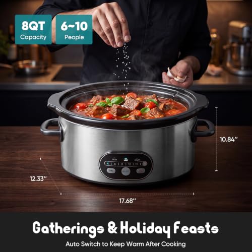 OLIXIS Slow Cooker 8 Quart, Ceramic Nonstick Coating, Programmable Slow Cooker with Dishwasher Stoneware Pot and Tempered Glass Lid, Multi Cookers with 3 Temperature, 35in Tangle Free Cord, Silver