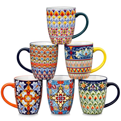 vancasso SIMI 16 oz Large Coffee Mugs Set of 6 – Bohemian Ceramic Cups with Handle, Perfect for Latte, Tea, Hot Chocolate, Dishwasher & Microwave Safe Ideal Gift