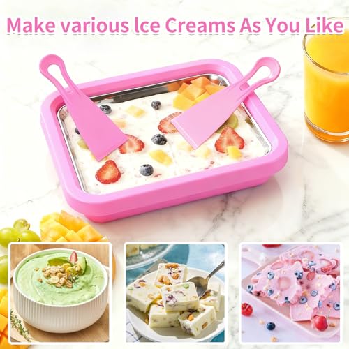 KeyDoors Rolled Ice Cream Maker with 2 Scrapers, Food Grade Stainless Steel Tray for Frozen Yogurt & Slushie, Homemade DIY for Parent-Child Family Activities, Ideal Birthday Gift (Pink)