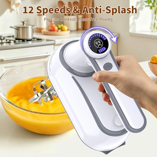 binROC Cordless Electric Hand Mixer, 12-Speed with Storage Case, White