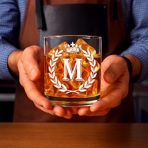 Jmugmt Personalized Whiskey Glasses Gifts for Men, Letter M Initial Whiskey Glass, Christmas Birthday Gifts for Men Husband Brother Dad, 10 OZ Old Fashioned Glass with Gift Box(Letter M)