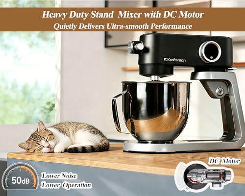 Kraftsman All Metal Stand Mixer DC Motor - Heavy Duty Dough Mixer 5.3 Quart with 4 Stainless Steel Attachments, Quiet Operation with Timer, Verstile Standing Mixer with Power Hub, 8-Speed (Black)