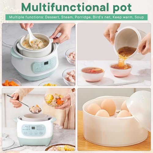 Green 1L Mini Slow Cooker with Steamer Basket, 200W Smart Ceramic Electric Stew Pot, 24-Hour Timer & Auto Keep-Warm, Dry-Burn Protection, Kitchen Cooking Appliance