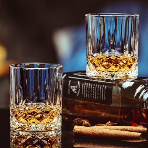 NORIMODA Whiskey Glasses Set of 4, 10oz Old Fashioned Bourbon Glasses with 4 Ice Ball Molds, Lead-free Rocks Glassware for Scotch, Liquor & Cocktails, Gift for Men