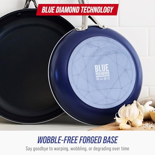Blue Diamond 12 Piece Nonstick Cookware Set, Diamond Ceramic Pots & Pans, Dishwasher & Metal Utensil Safe, Non Toxic PFAS-Free, Kitchen Cooking Sauce & Saute Pans, Oven & Broiler to 600F, Blue
