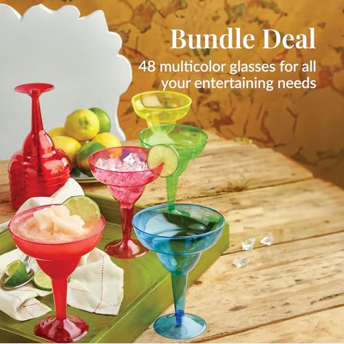 Prestee Multicolor Disposable 48 Plastic Margarita Glasses - 12 oz Hard Cocktail Cups for Cinco de Mayo Fiesta, Taco Party and Mexican Decorations - Fiesta Party Decorations - Large (Pack of 48)